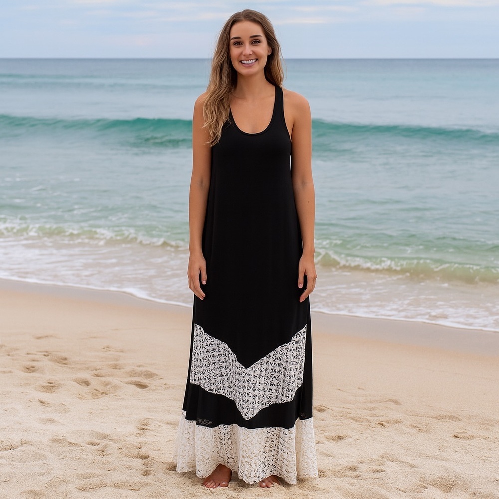 L Space Black‎ and White Eyelet Detail Maxi Dress Coastal Resort Vacation M